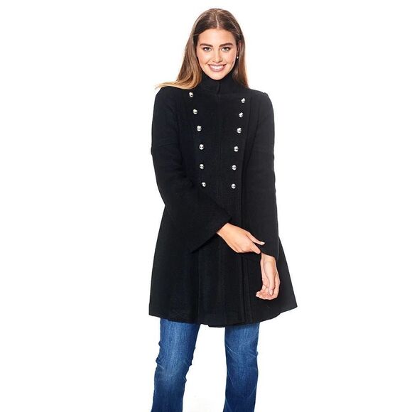 GUESS Double-Breasted Skirted Black Coat Wool Blend Small NWT - Picture 1 of 8